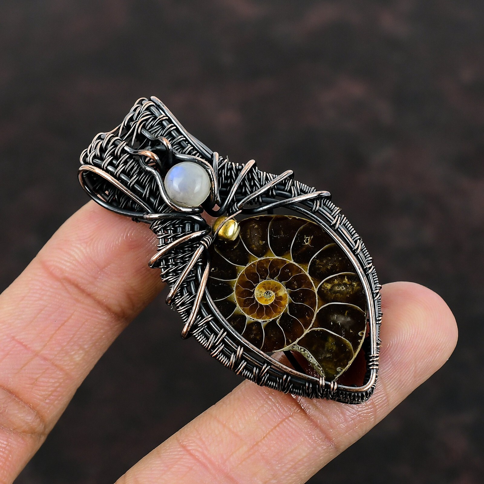 Birthday Gift For Her Ammonite Fossil Wire Wrapped Pendant Copper Jewelry 2.36″
