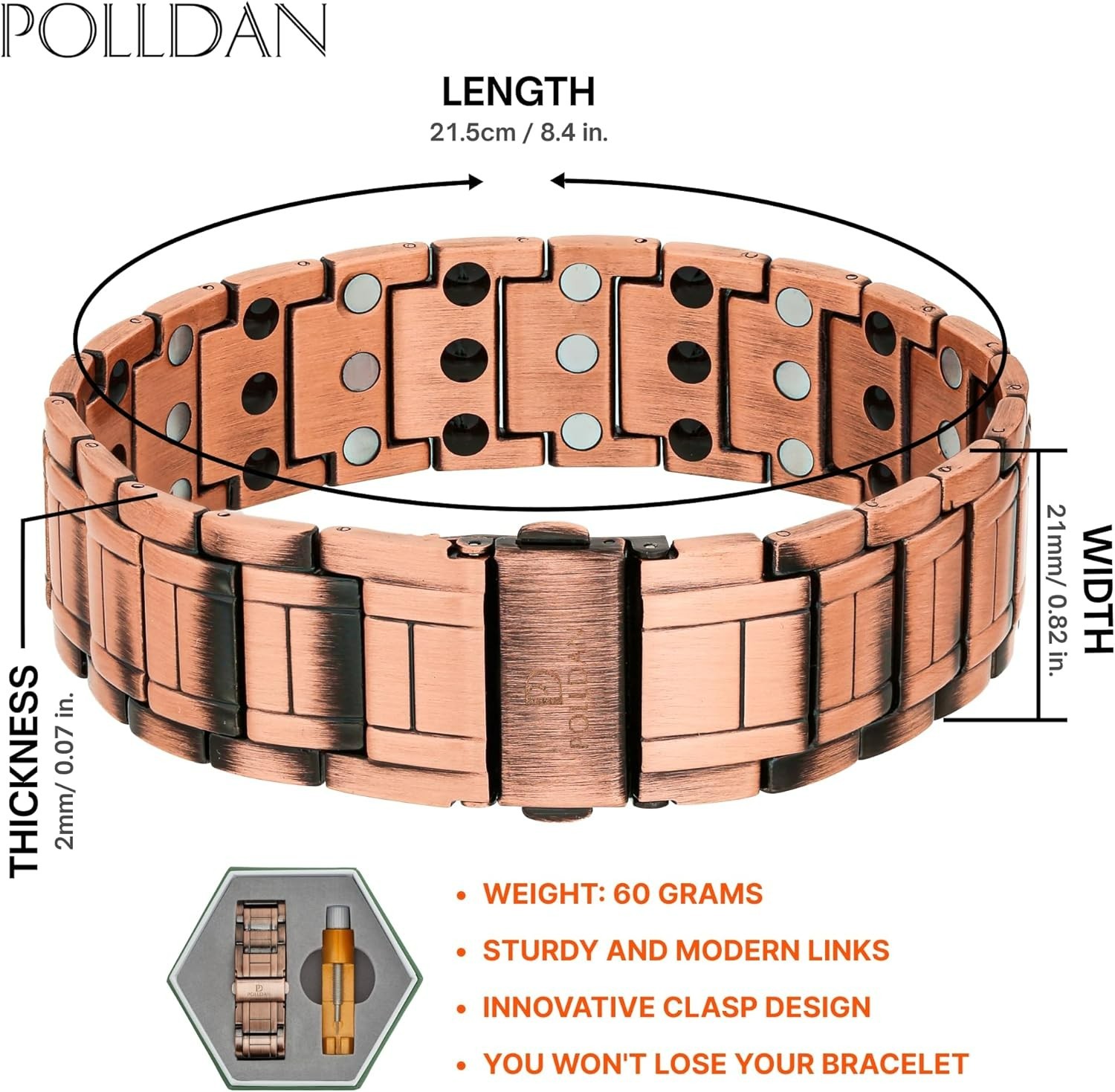 Pulsera de cobre con potencia de 6200 Gauss para hombre, Cobre puro 3X Power