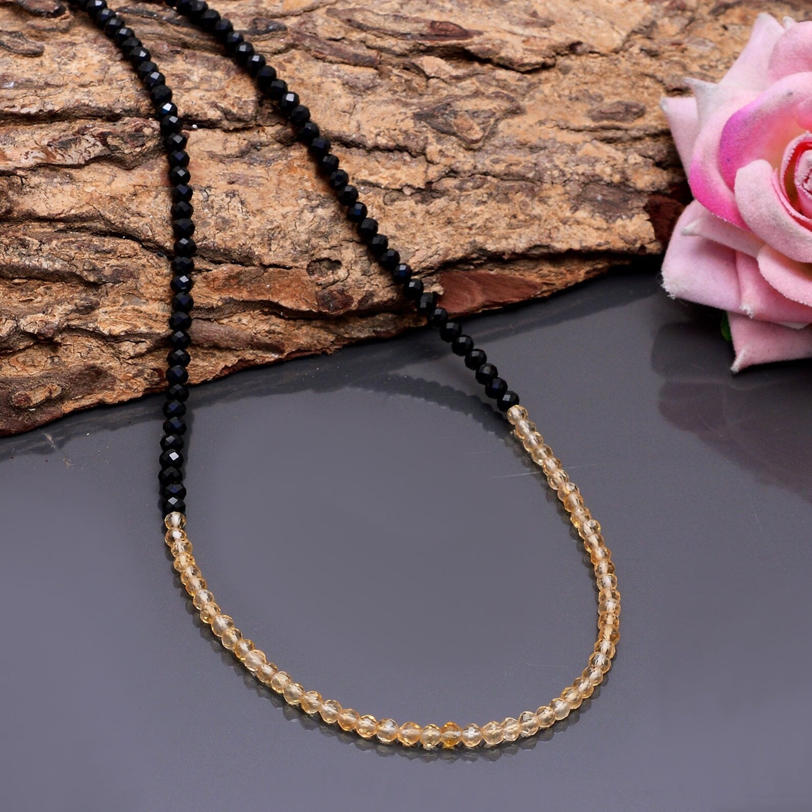 2-3MM Black Spinal & Citrine Faceted Round Gemstone Beads 2 Multi Necklace 24”