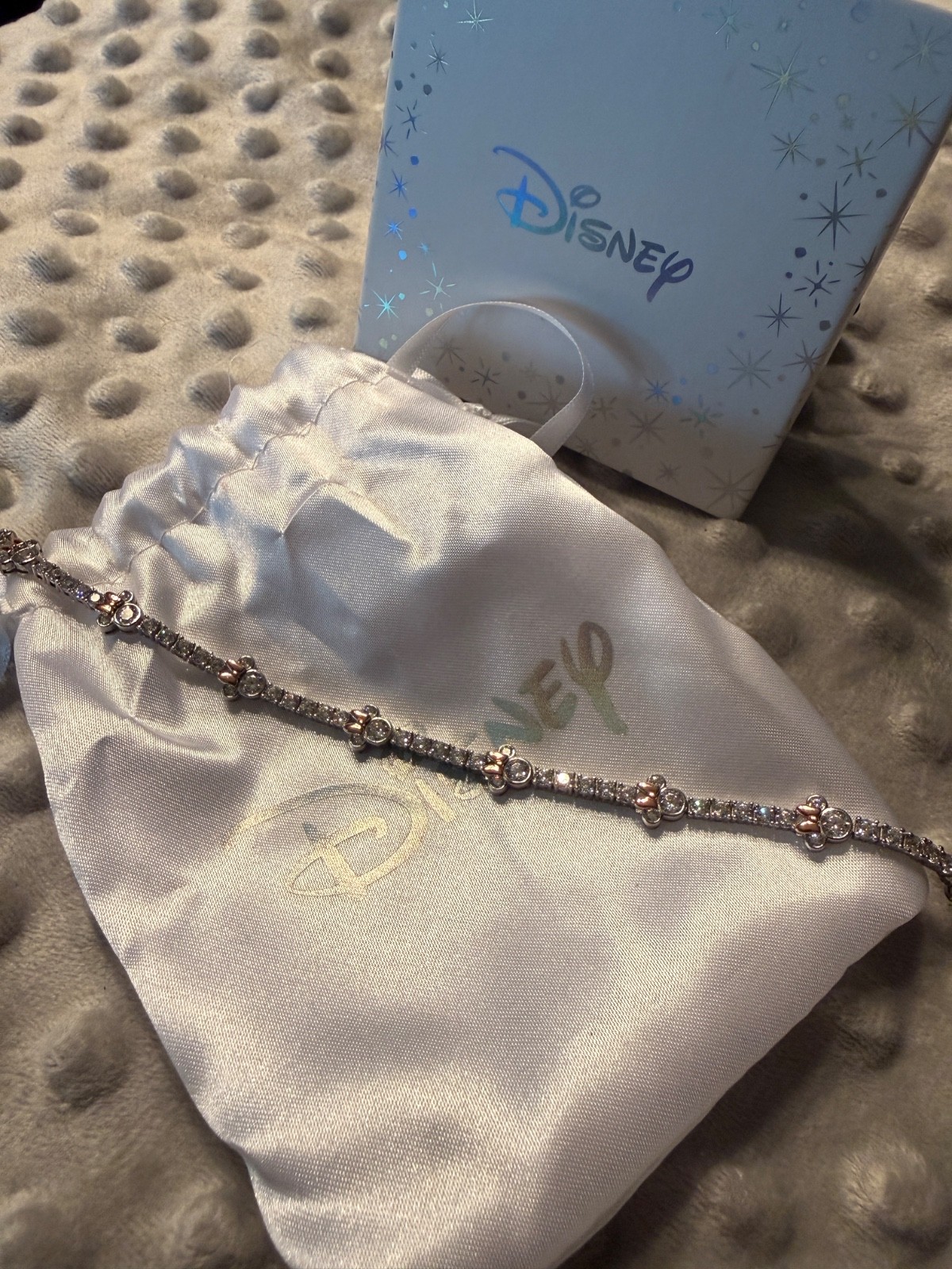 Diamonique Silver and Rose Gold Minnie Mouse Tennis Bracelet w/ Pouch and Box
