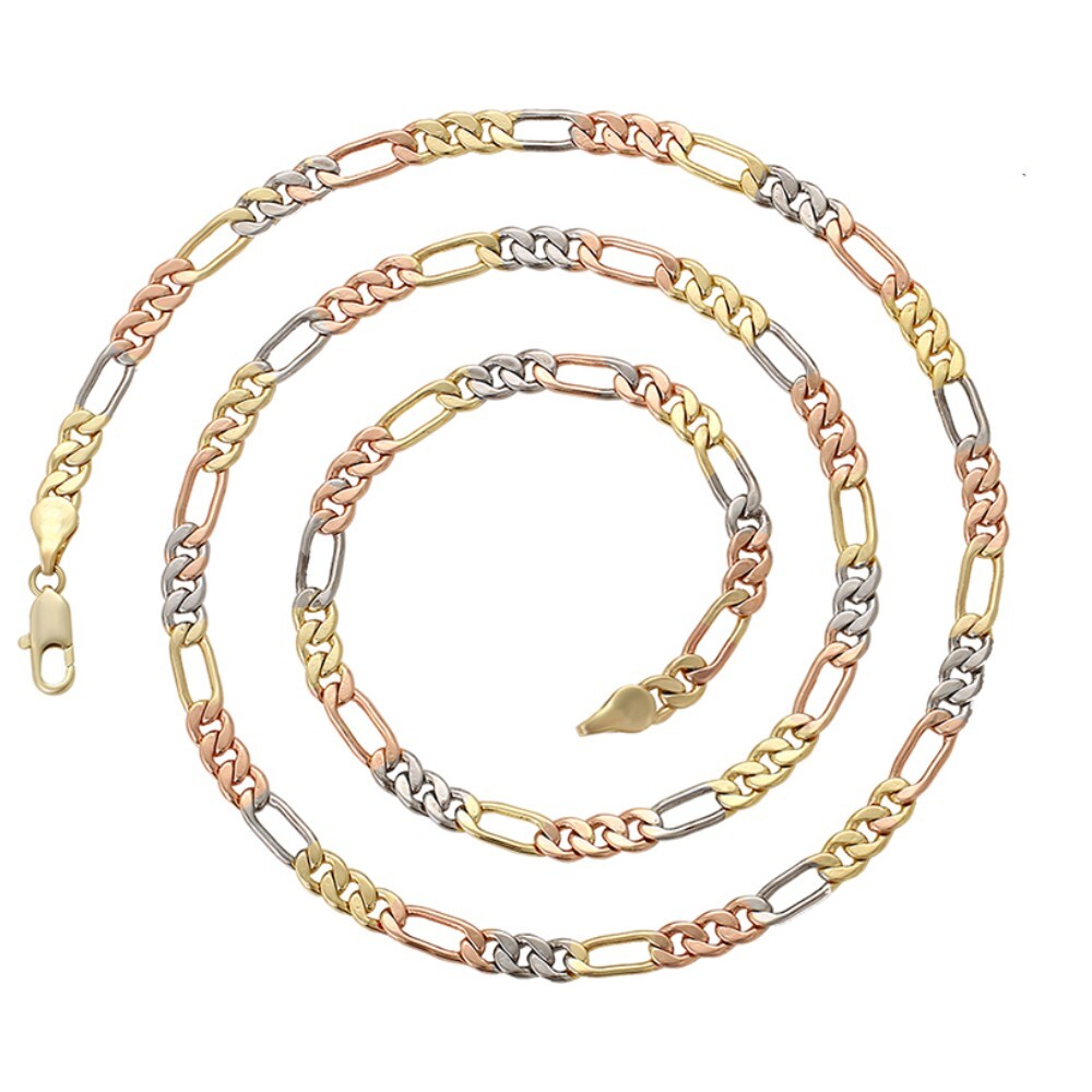 Tri Color Gold Plated Chain Necklace – Figaro Style – 24in Long – 4mm
