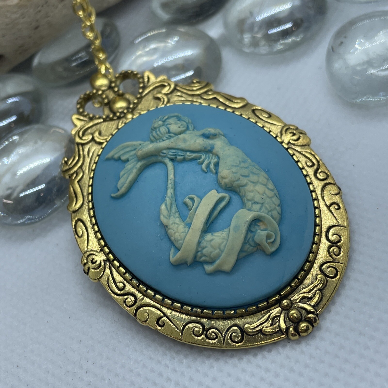 Mermaid Beach BFF Sister Sea Goddess WEDDING Siren Cameo Necklace Teal Gold New