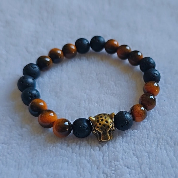 Black & Brown Round Tiger eye Beaded Stretch Bracelet, Slip-On Ball/Bead