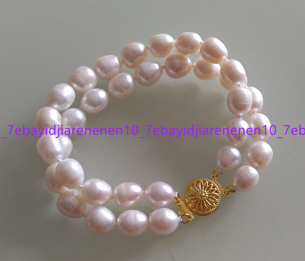 Pretty Natural 2 Rows 7-8/8-9/9-10mm White Rice Freshwater Pearl Bracelet 7.5 in