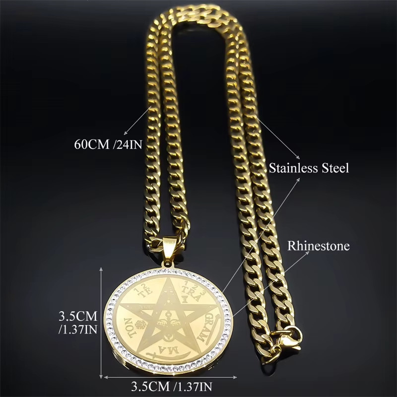 Tetragrammaton Hebrew Jewish Pentagram Necklace for Men Stainless Steel Crystal