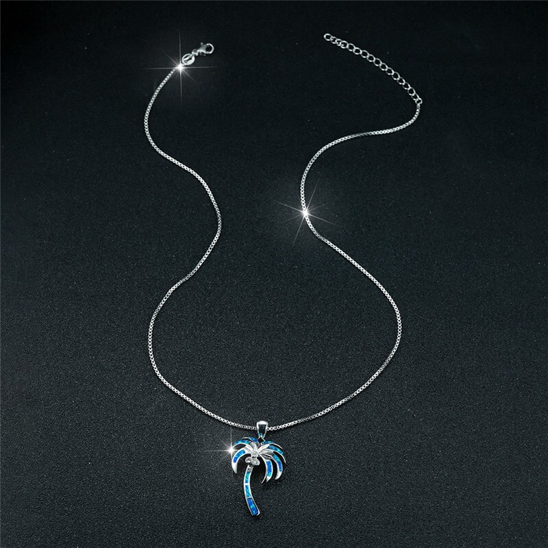 Hawaii Blue Fire Opal Palm Tree Necklace pendants Silver Filled For Women Girls