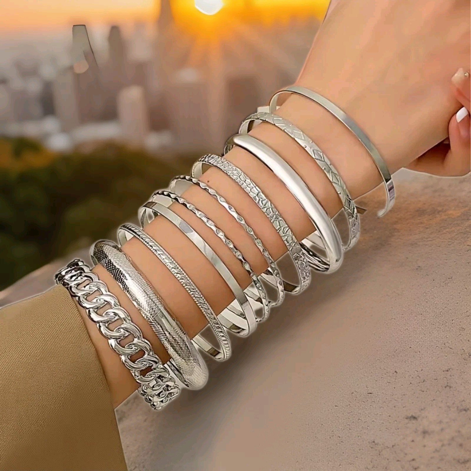 10 Piece Silver Tone Bangle Bracelets Fashion Jewelry B1
