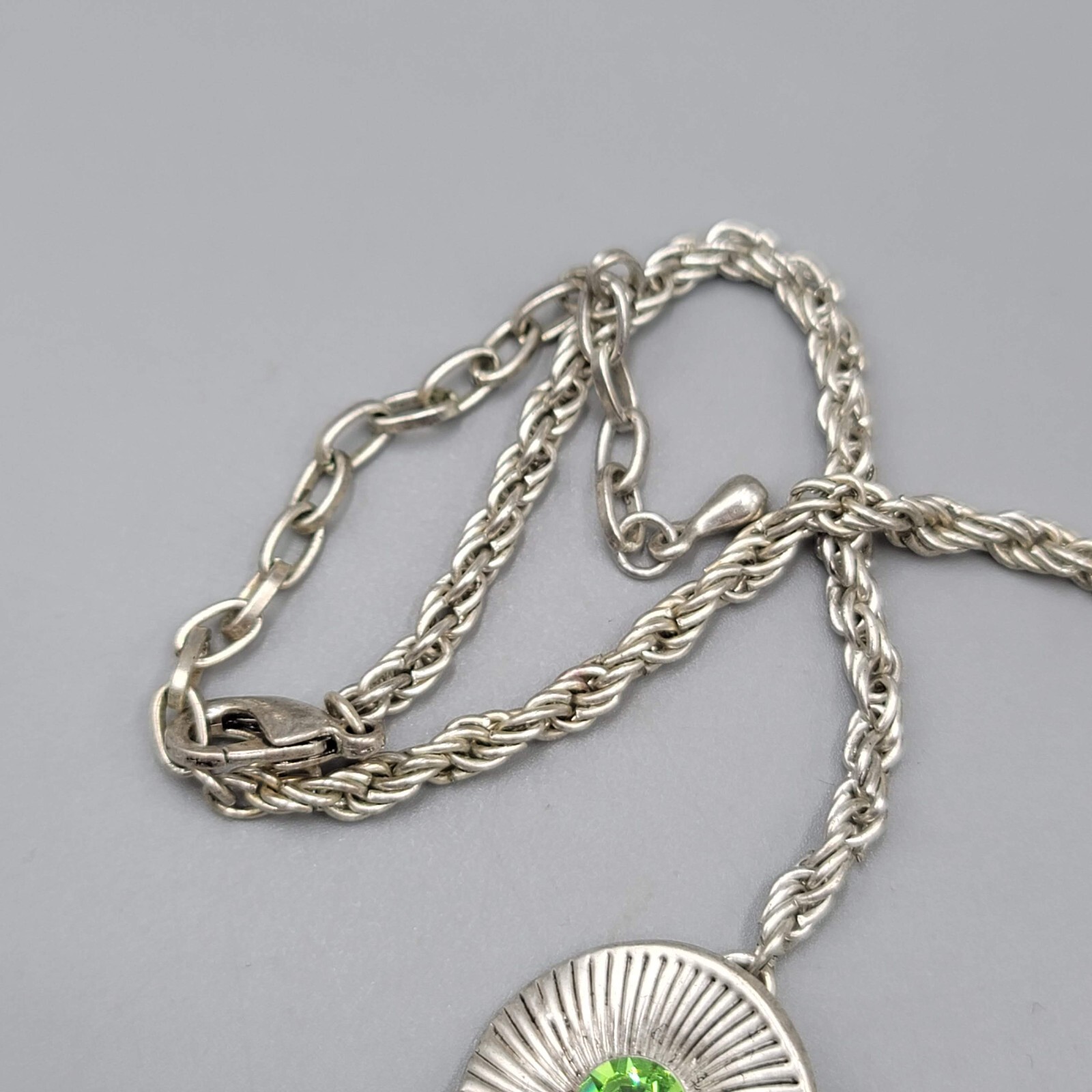 Green Rhinestone Necklace Silver tone Statement Adj 16″-19″
