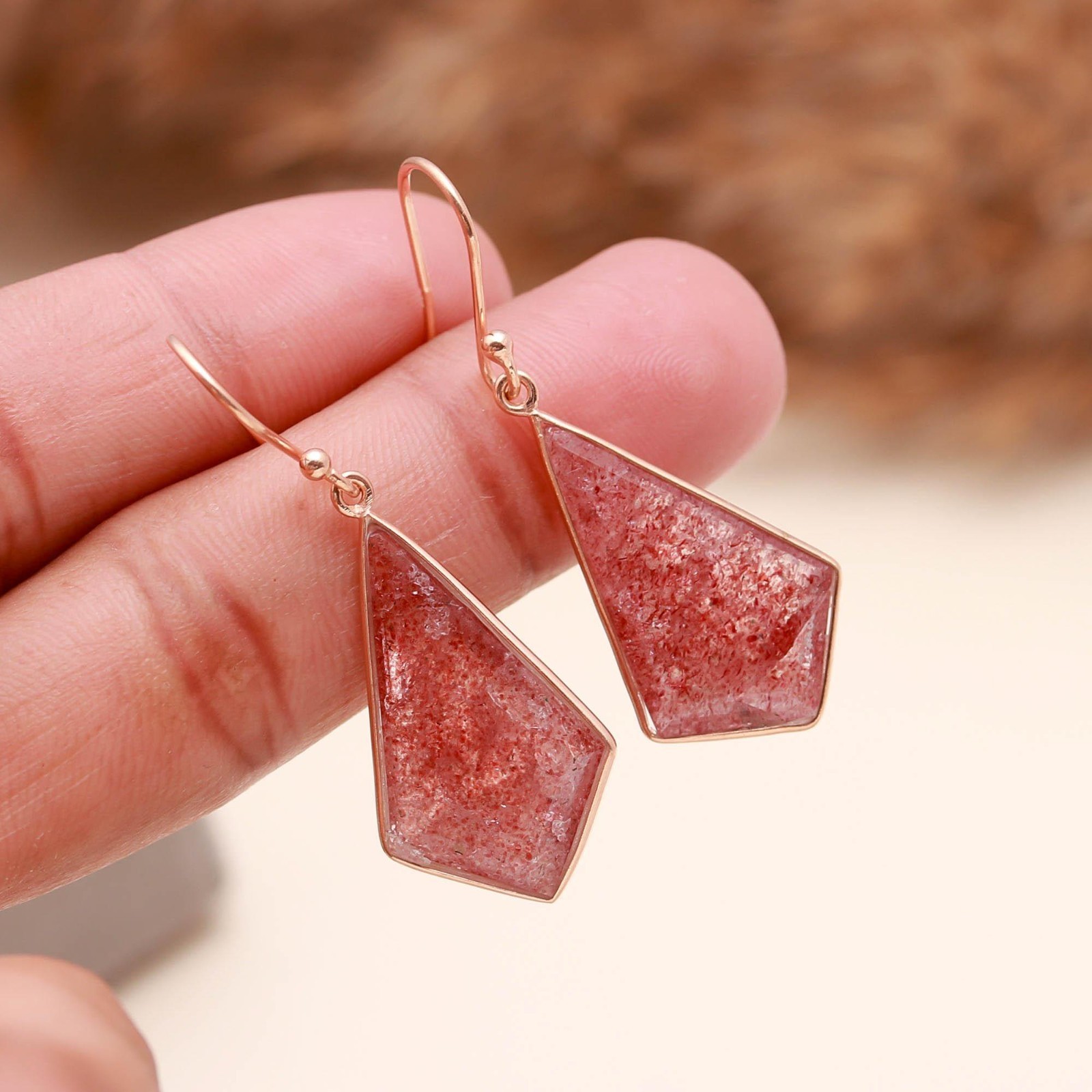 Natural Red Strawberry Kite Dangle Earring Rose Gold Plated Solid Silver Jewelry