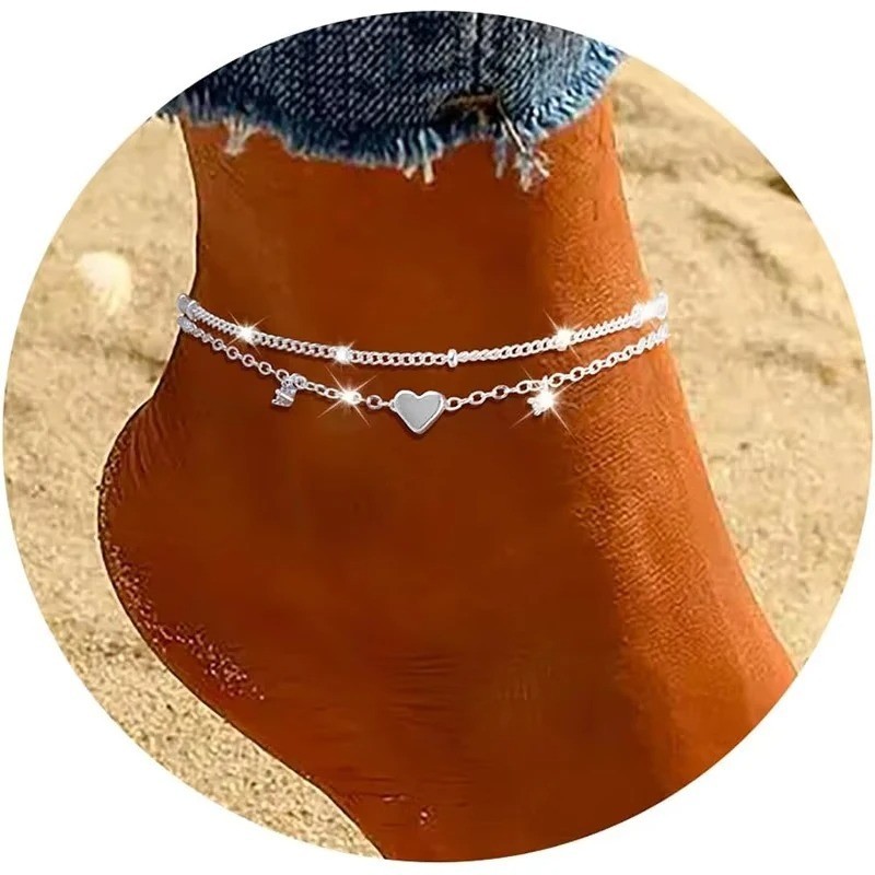 Women’s 925 Silver Plated CZ Heart Anklet Waterproof Foot Bracelet