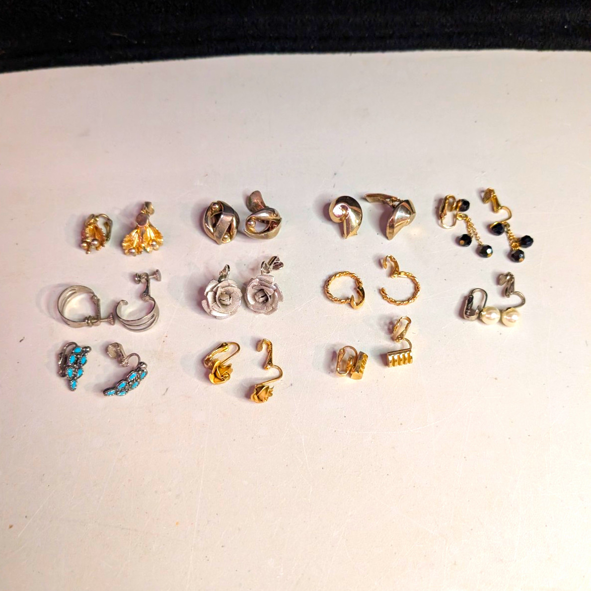 11 Pc Vintage Clip-On/Stud Hoop, Dangle, Flower, Pearl & Crystal Earrings