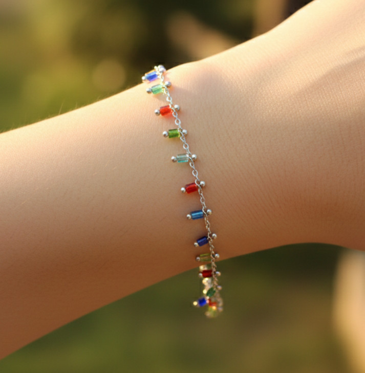 Elegant 925 Silver Plated Boho Bracelet | Multicolor Beaded Brass Chain