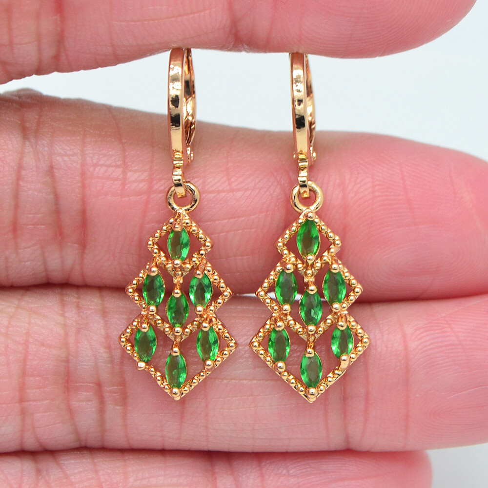 18K Yellow Gold Filled Women Fashion Green Topaz Rhombus Dangle Earrings
