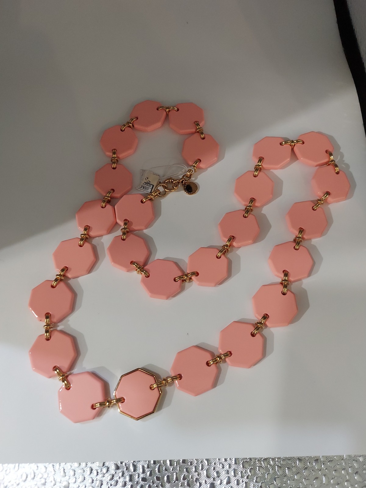 New Marc By Marc Jacobs Salmon Pink Octagon News Gold Tone Necklace 28”