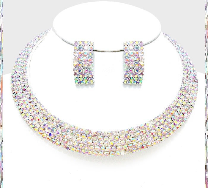 Crystal Rhinestone Cocktail Wedding Statement Necklace Earrings Choke Prom Set
