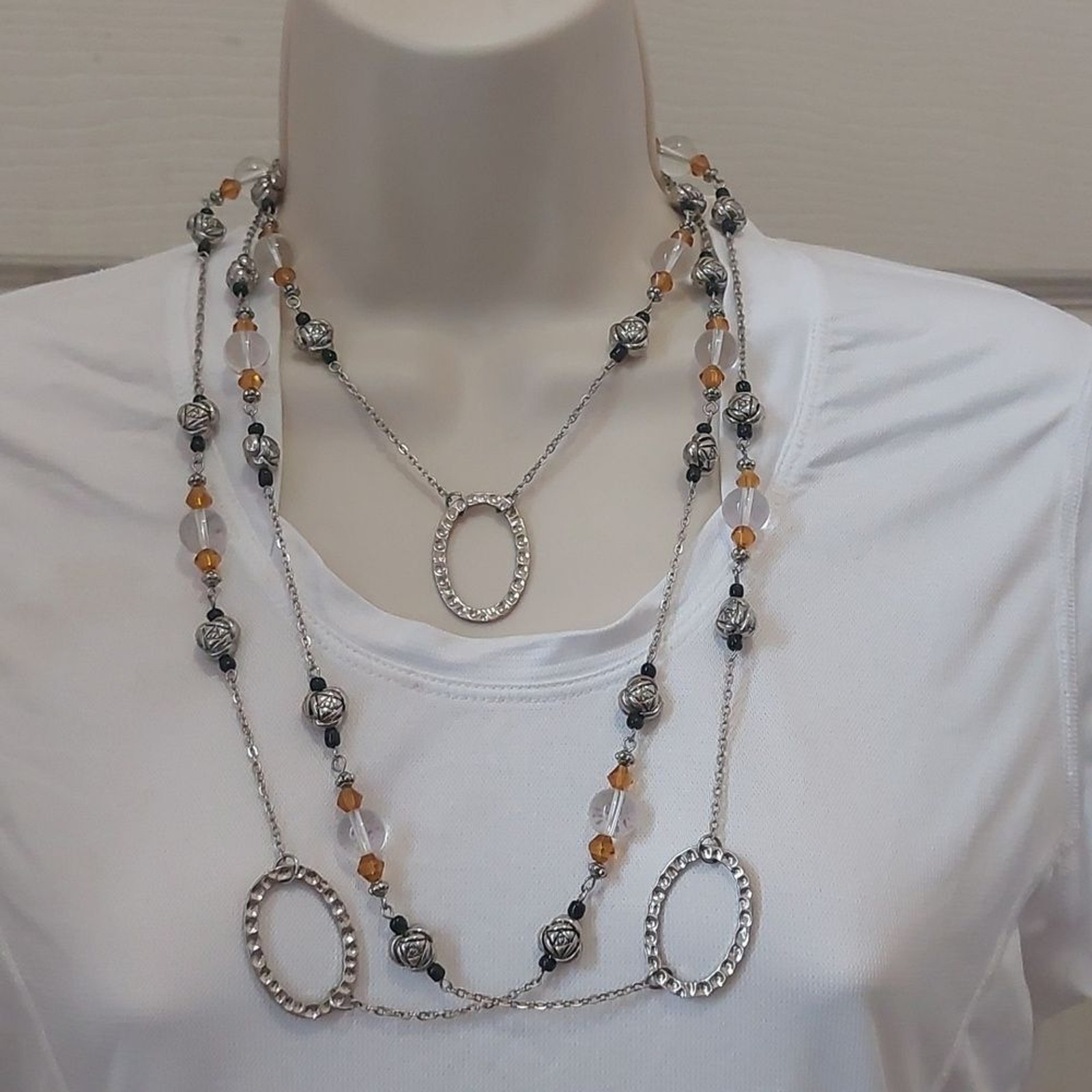 Station Style Extra Long Necklace with Lucite Plastic and Silver Tone Metal