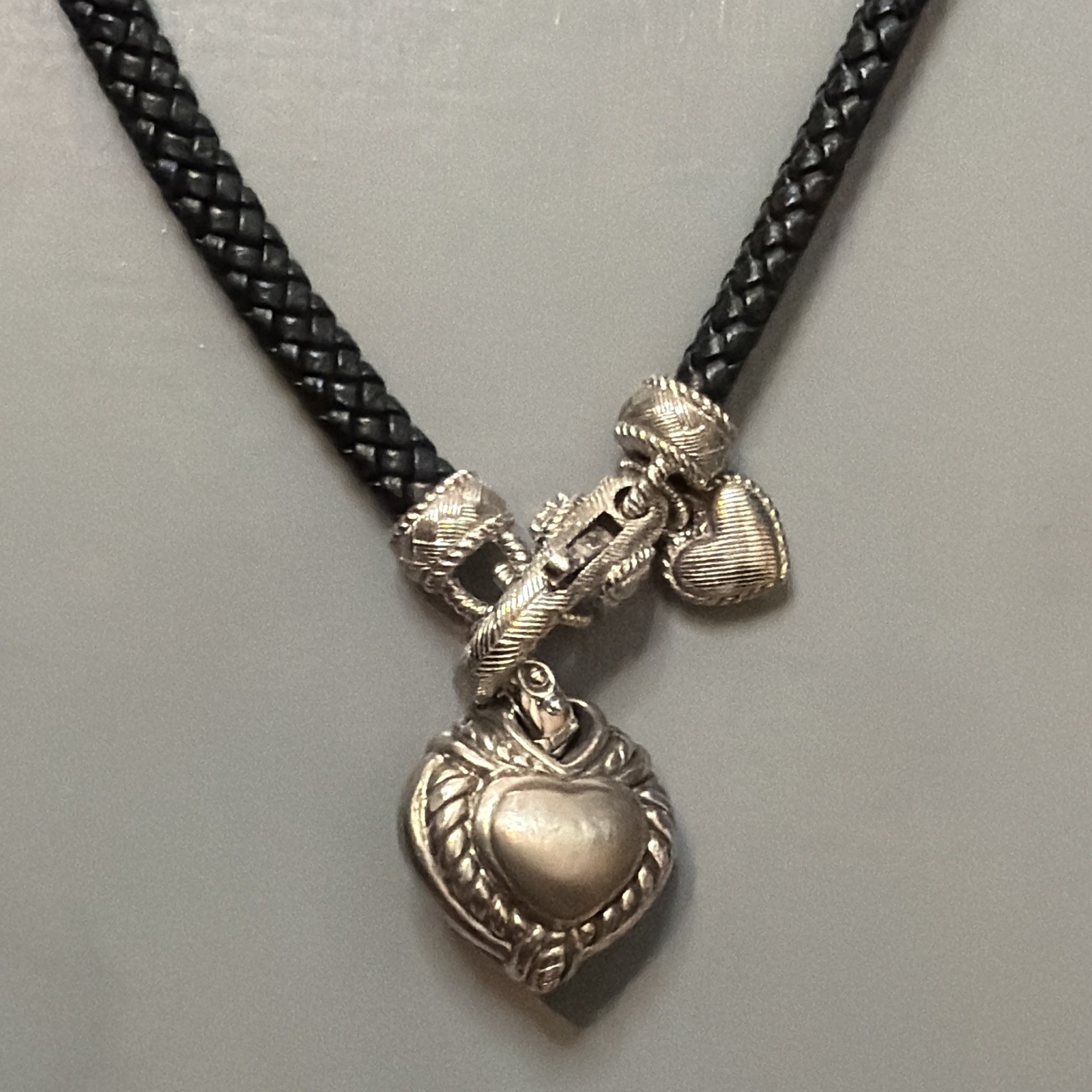 Black Leather Braided Cord Necklace Reversible Silver Heart Charm Pavé Crystal