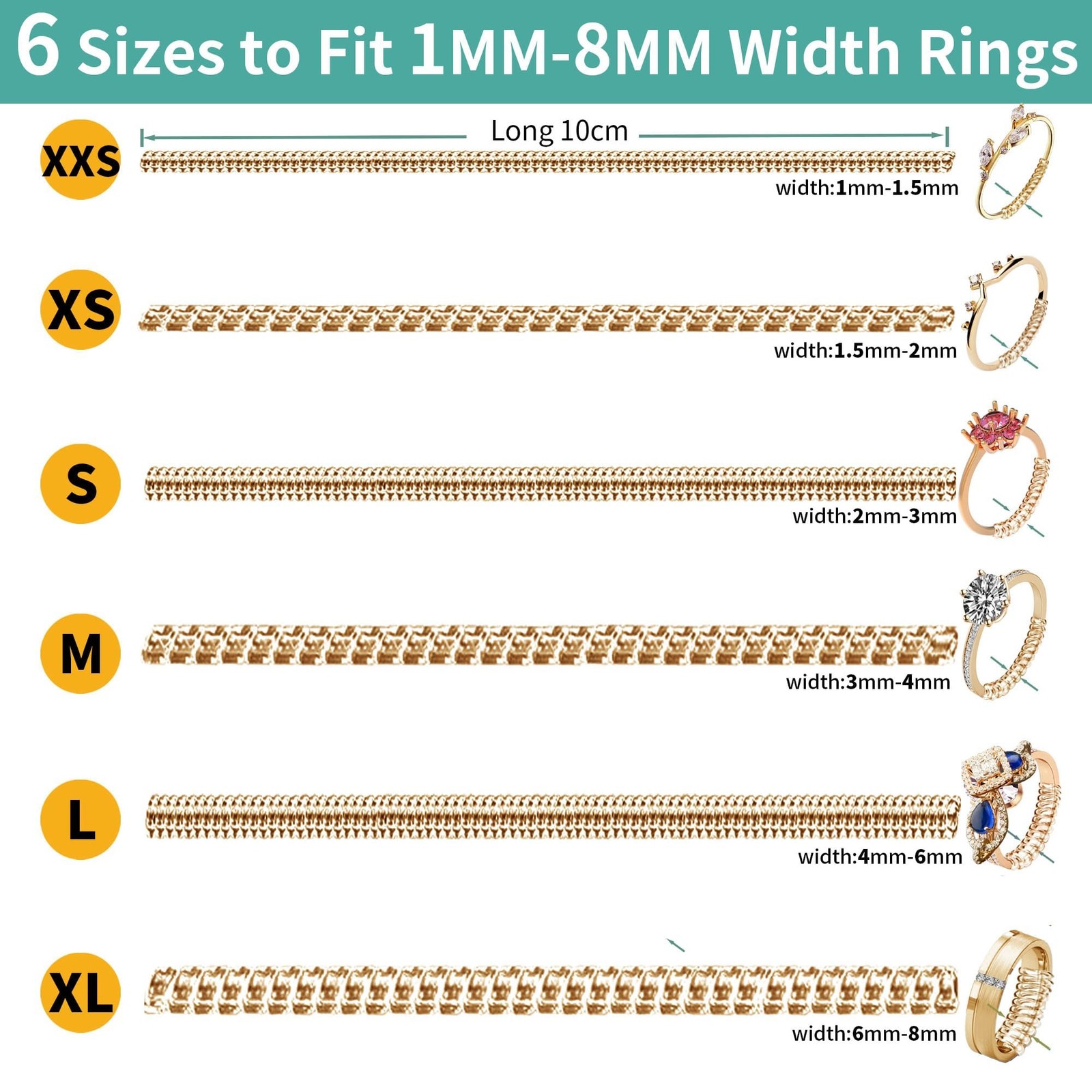 Ring Size Adjuster 6 Sizes Tightener Resizer Width 1-8 MM Size By 0.5-1.5 Gold