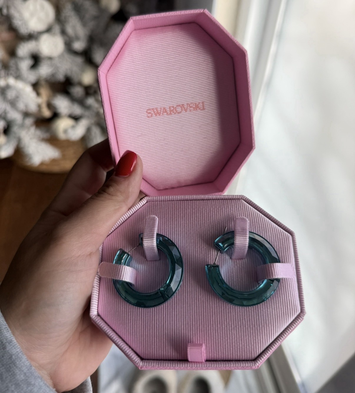 Swarovski Blue Crystal Round Hoop Earrings Latch Back in Pink Box