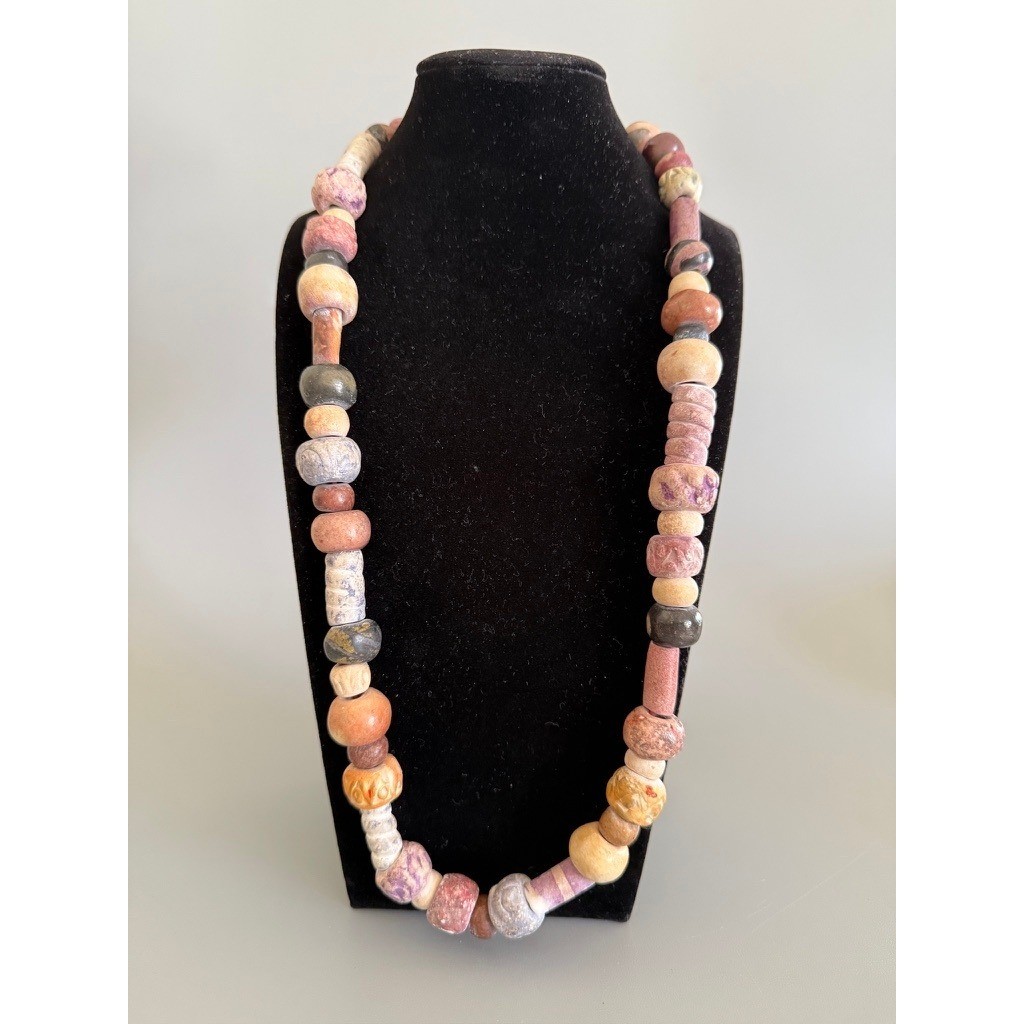Handmade Chunky Clay Ceramic Bead Necklace 28″ Carved Painted Earth Tones Boho