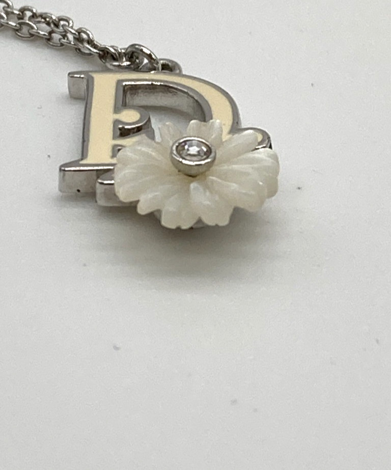 Christian Dior Flower Bracelet Silver Tone White Logo Charm Box 19.5cm / 7.7in