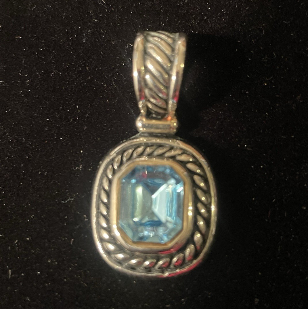 Silver Tone Oval Charm Pendant w/ Blue Octagon Crystal, Bezel Set