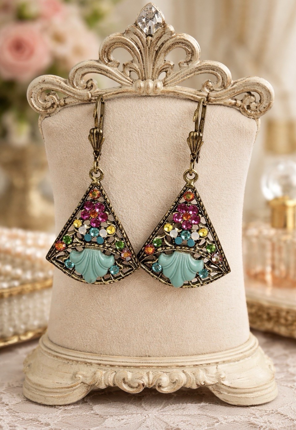 Anne Koplik Filigree Aqua Multi-Color Swarovski Crystal Leverback Earrings