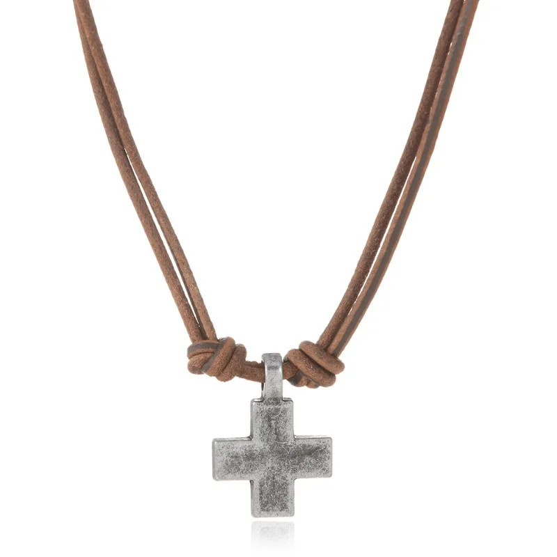 Vintage Braided Leather Cross Necklace Alloy Pendant Unisex