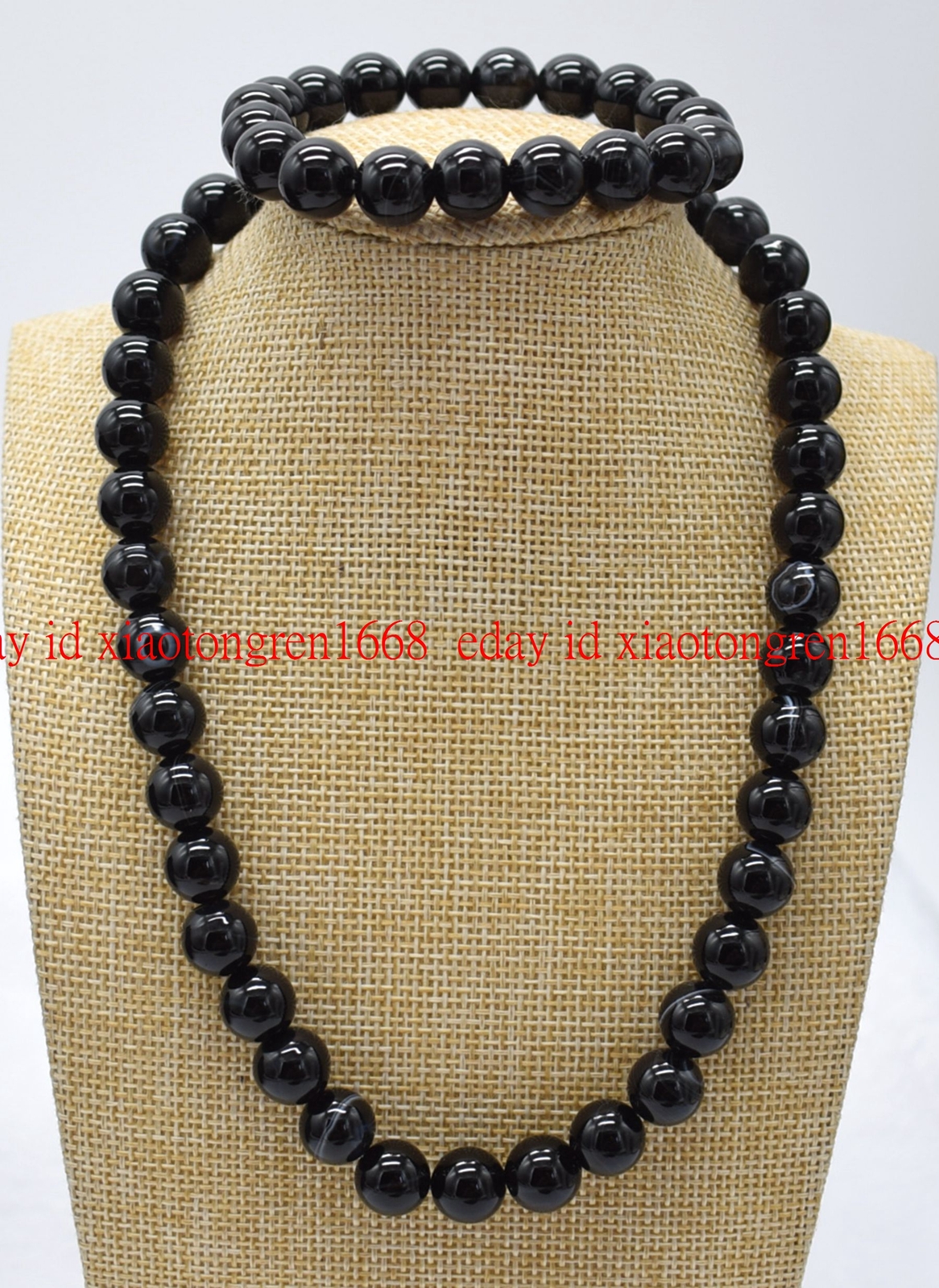 Fashion 10mm Black Striped Agate Gem Round Necklace 18-36″ Bracelet 7.5″ Earring