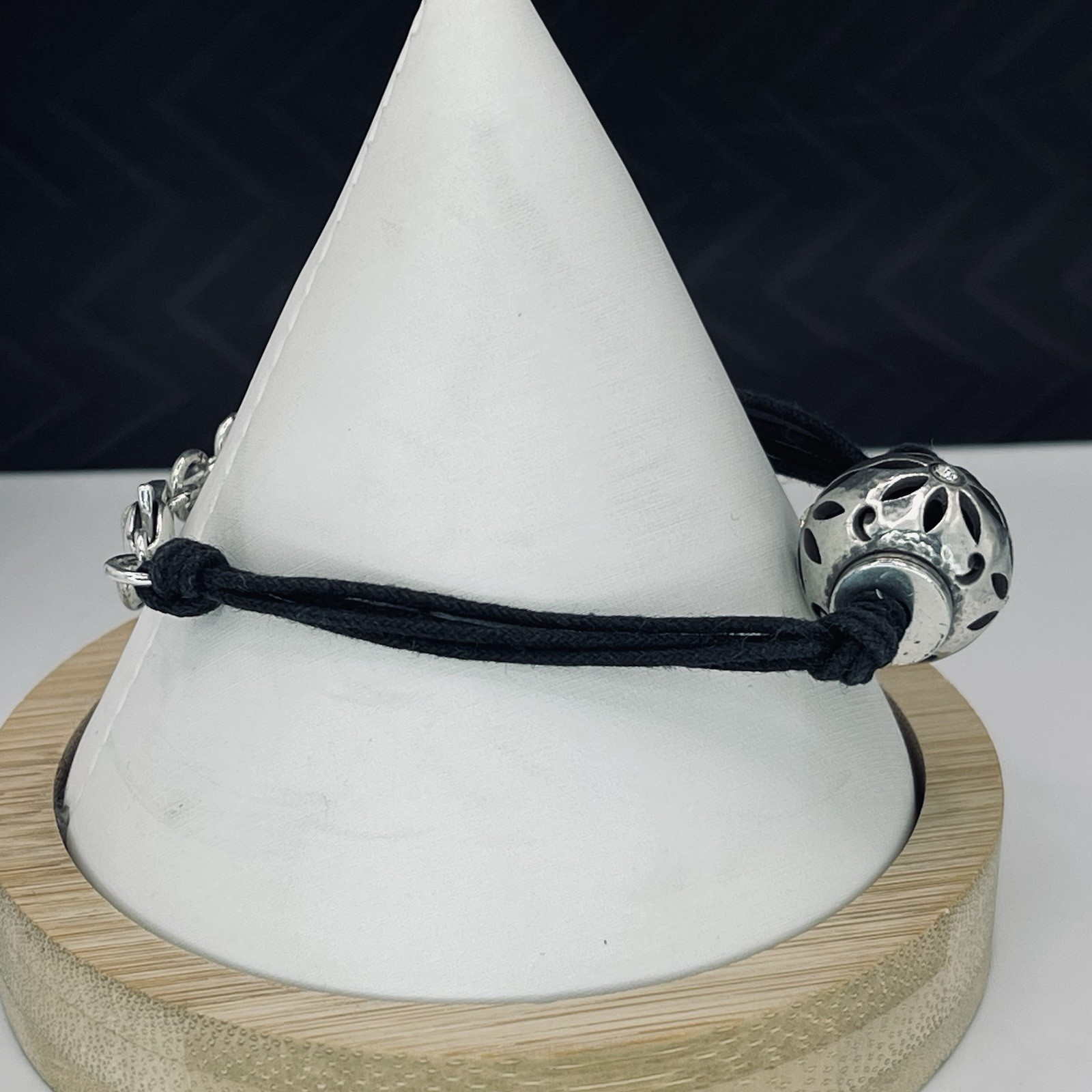 Brighton Trade Winds Bracelet Silver Openwork Floral Bead Black Cord