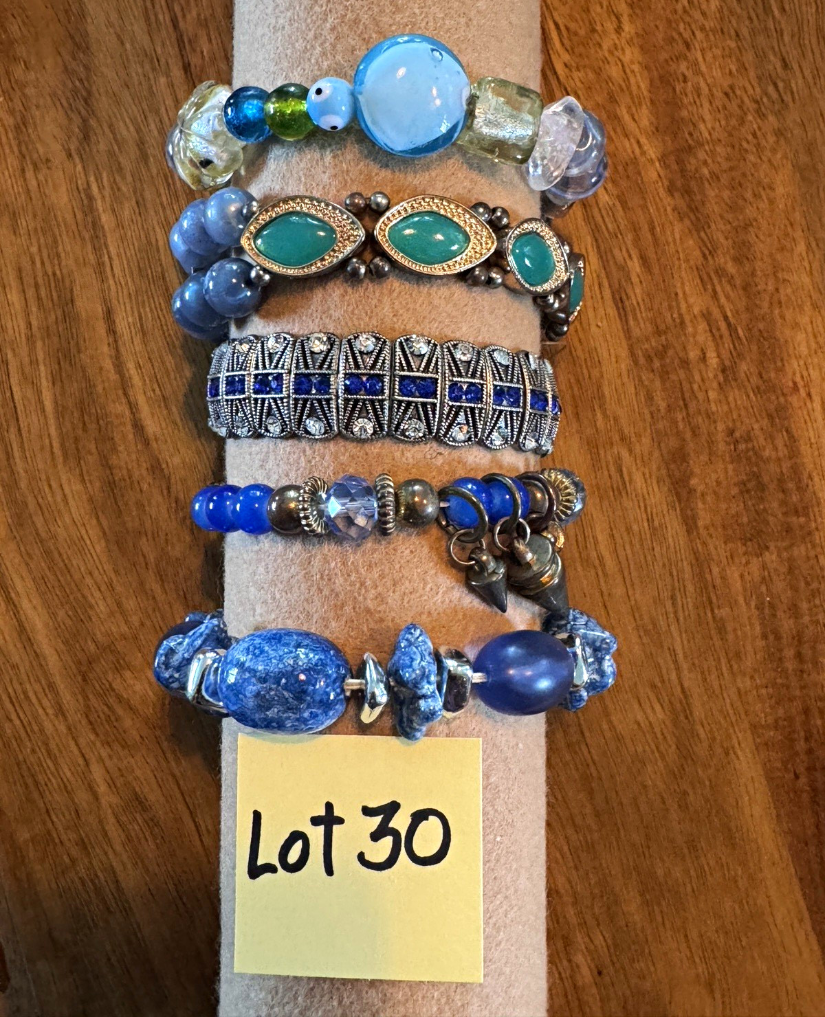 Lot of 30 Blue & Green Glass/Stone Beaded Stretch Bracelets, Round Bezel Set