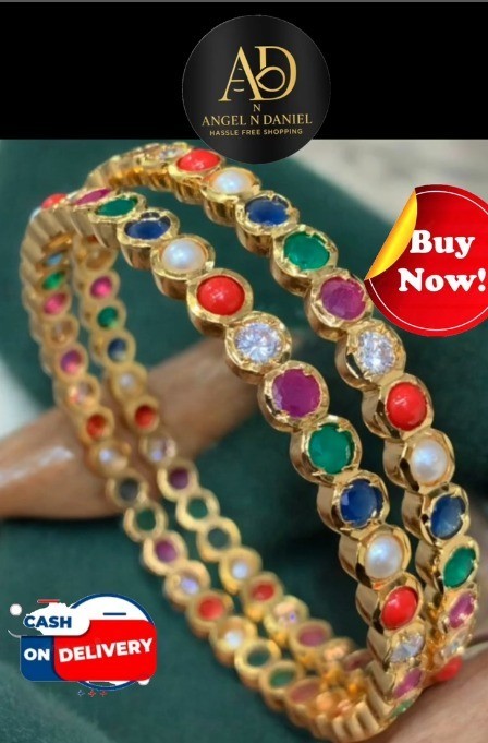 22K Gold Plated Impon Panchloha Bangles with Navratan Stones