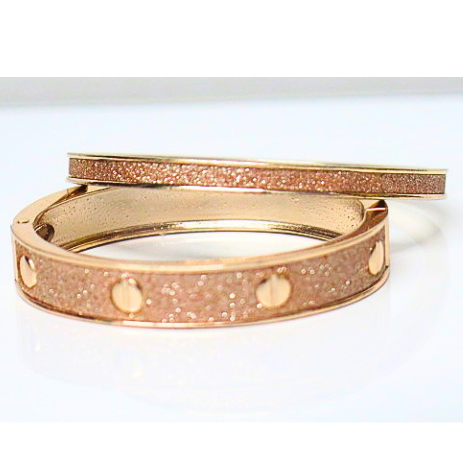 Rose Gold Tone Sparkle Cuff Bracelet Set Glitter Hinged Bangle Stack 2pc