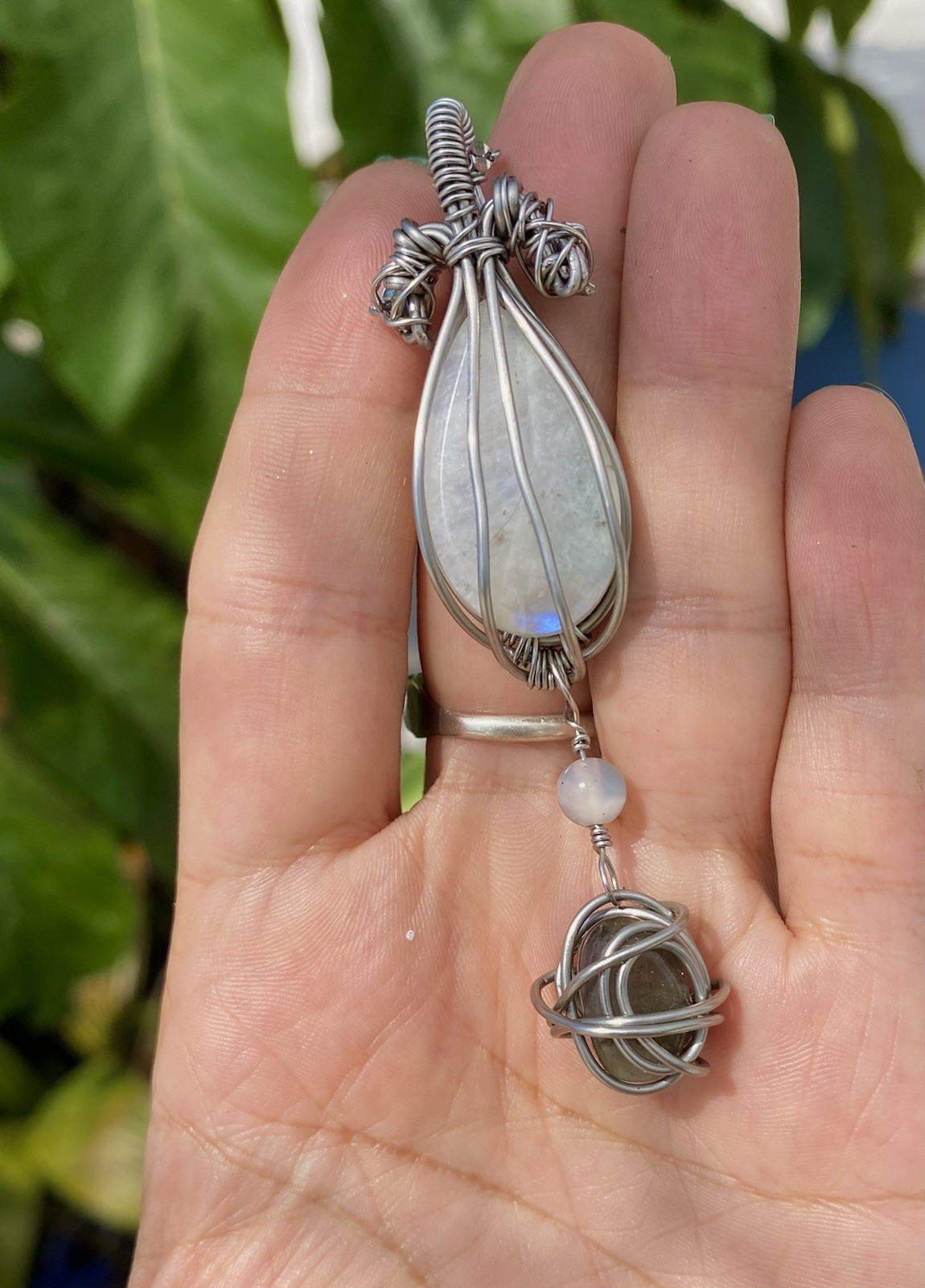 Handmade Wire Wrapped Moonstone & Labradorite Necklace Steel Wire & Chain