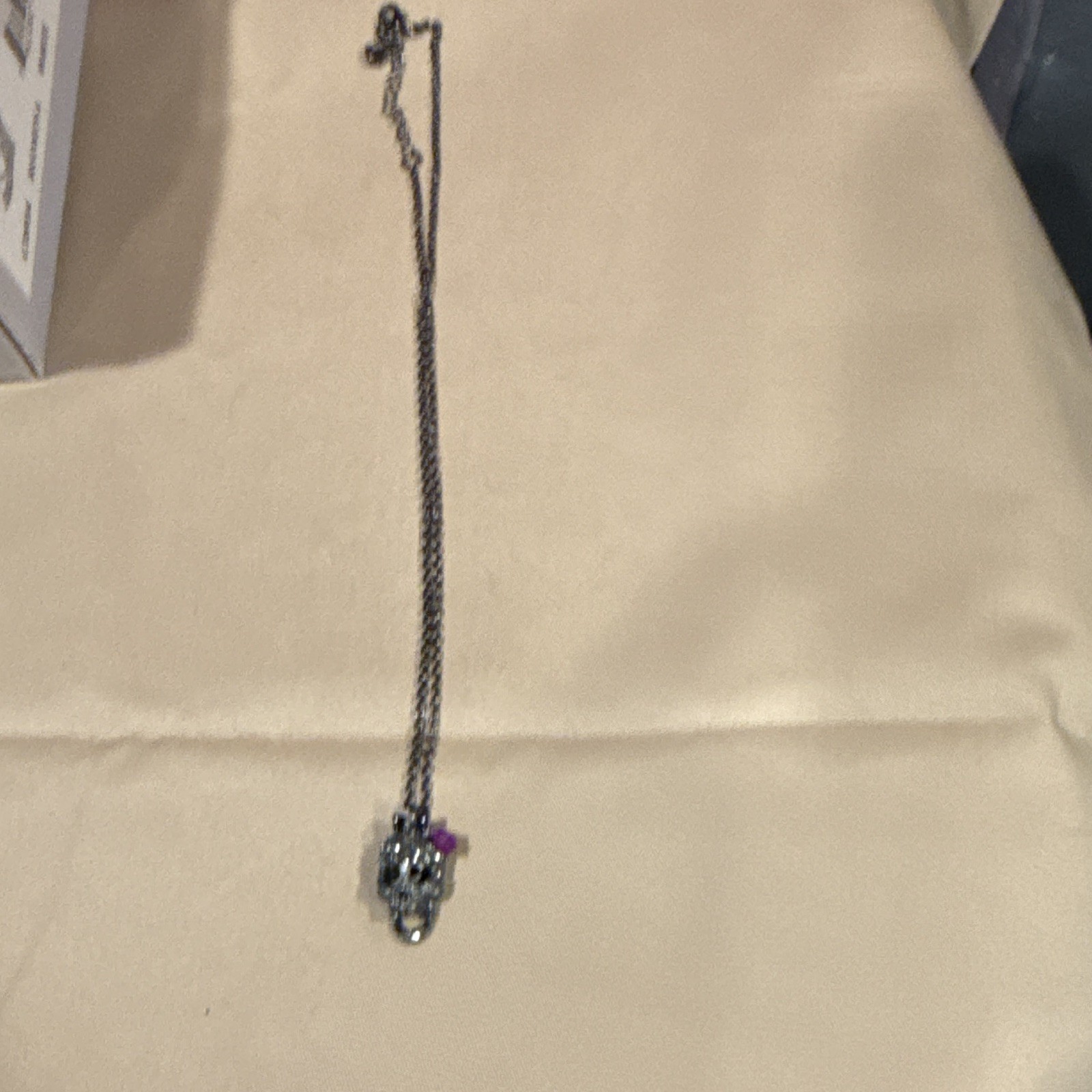 Silver Tone Skull Pendant Necklace Clear & Purple Crystals Cable Chain Lobster