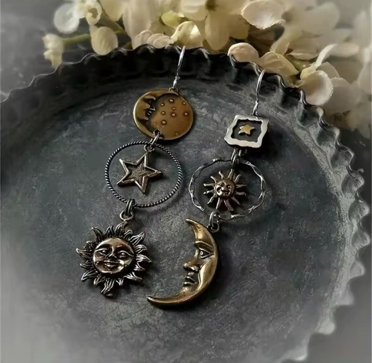 Sun Moon & Stars Dangle / Drop Boutique Style Earrings, Asymmetrical Mixed Metal