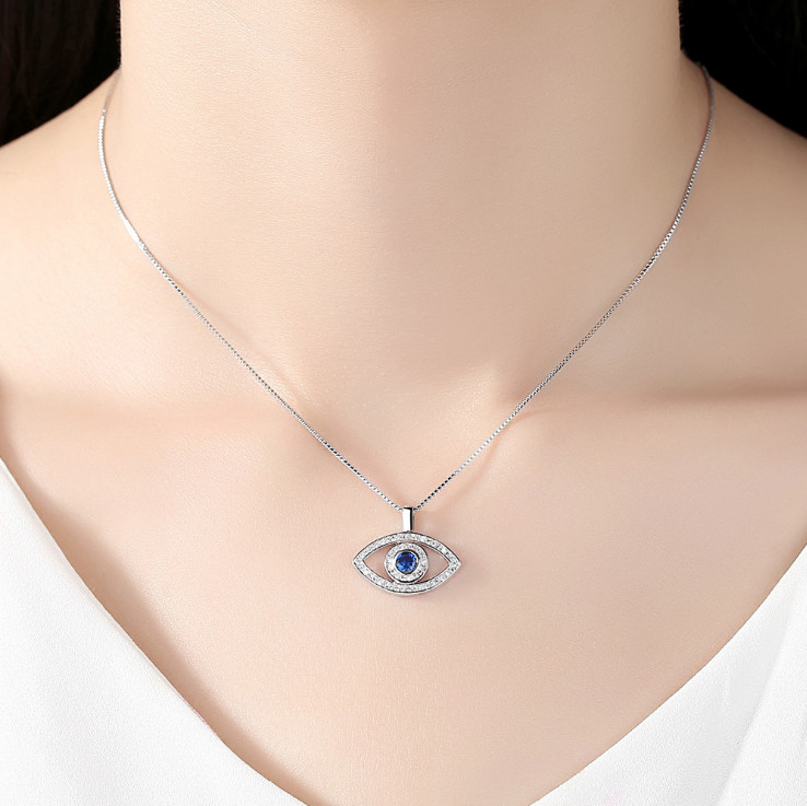 Women White Gold Blue CZ Evil Eye Protection Pendant Necklace Gift Box G7