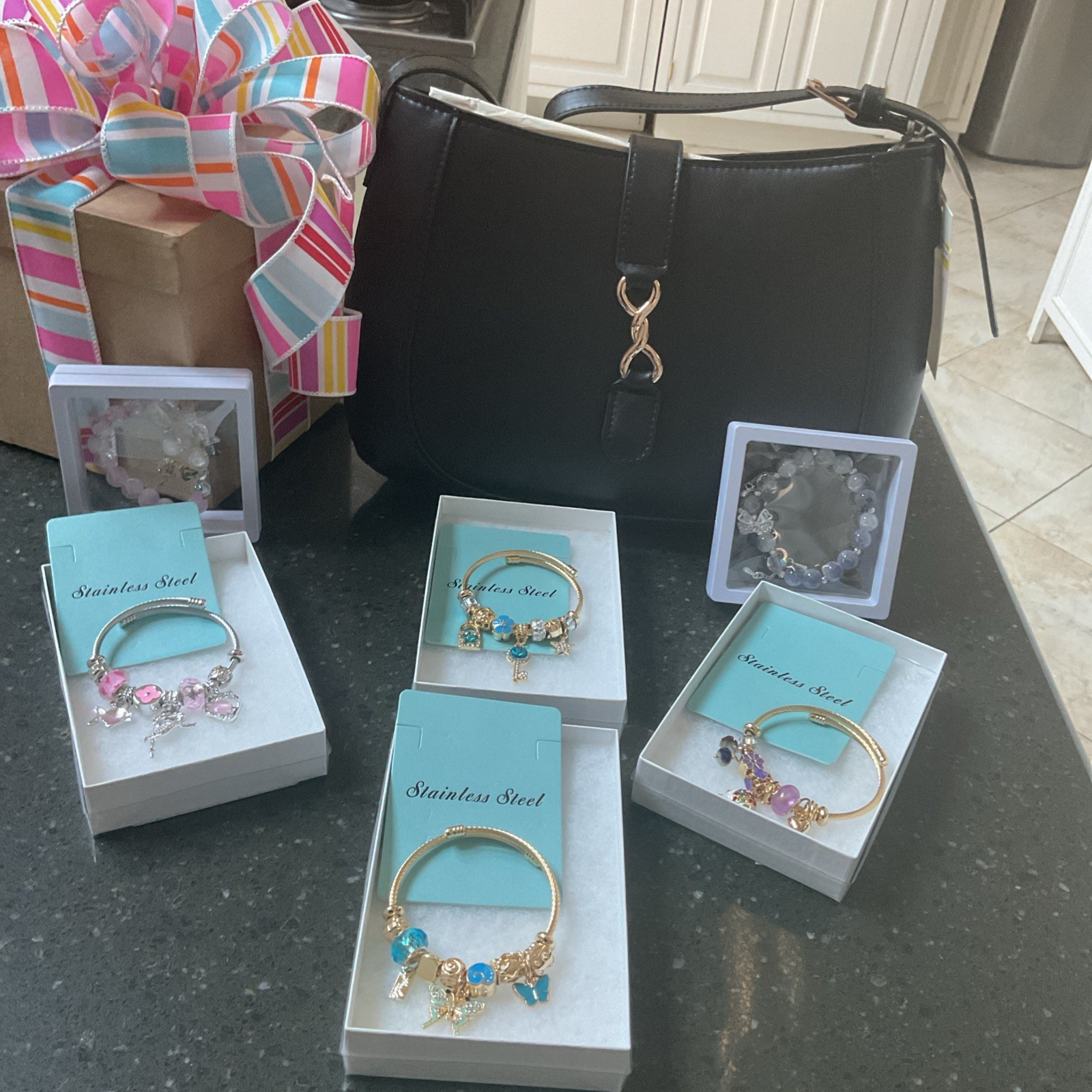 Bundle Of Six Bracelets. All Coming In Black Shoulder Bag With Gold Accent NEW