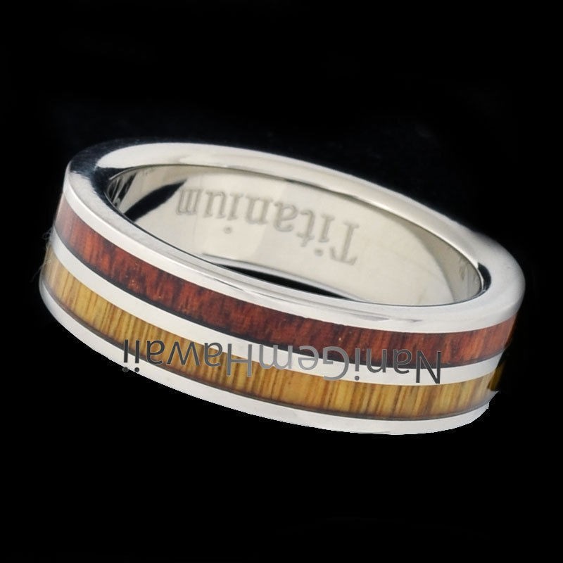 Titanium Koa Wood 6mm 2 Tone Double Row Band Ring Flat Edge