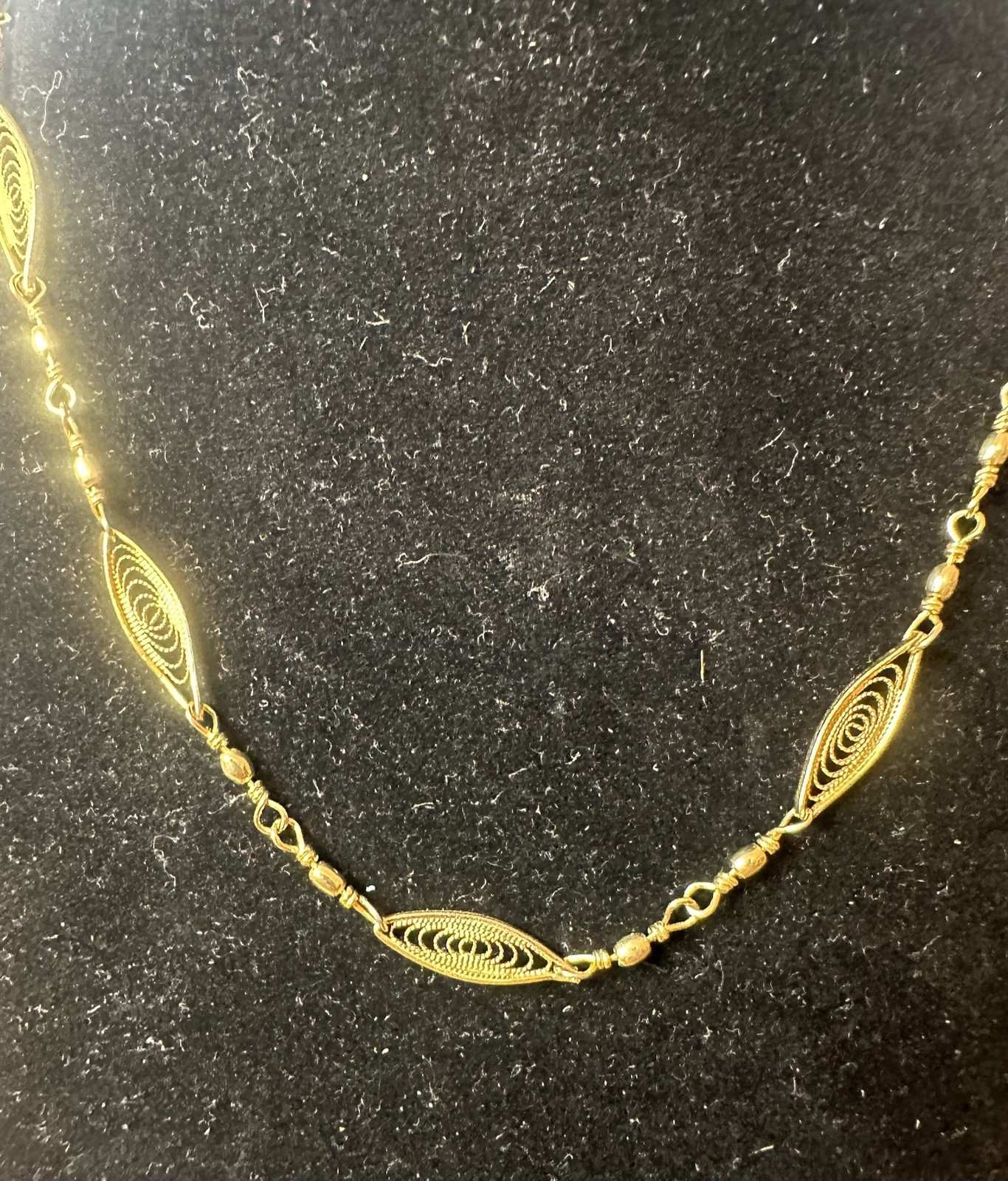 Vintage Gold Filigree Marquise Link Necklace Spiral Design 18” Elegant Jewelry