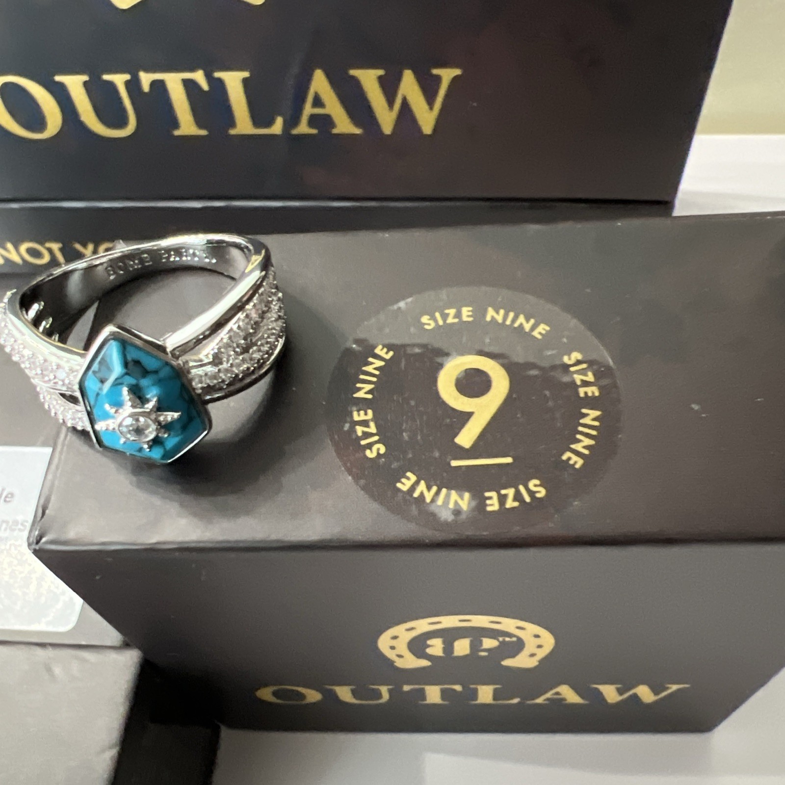 Bomb Party Outlaw Ring size 9 “Sparkling Saddle “ Turquoise Magnesite Rhodium