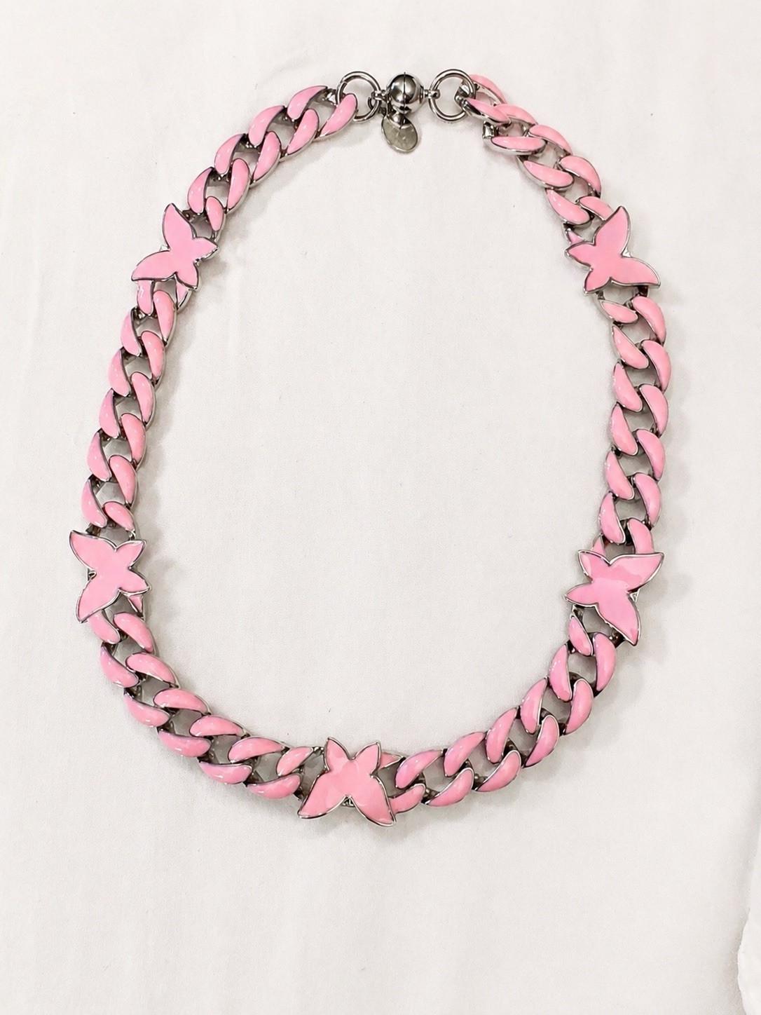 Pink Enamel Butterfly Silver Tone Curb Link Choker Necklace Adjustable