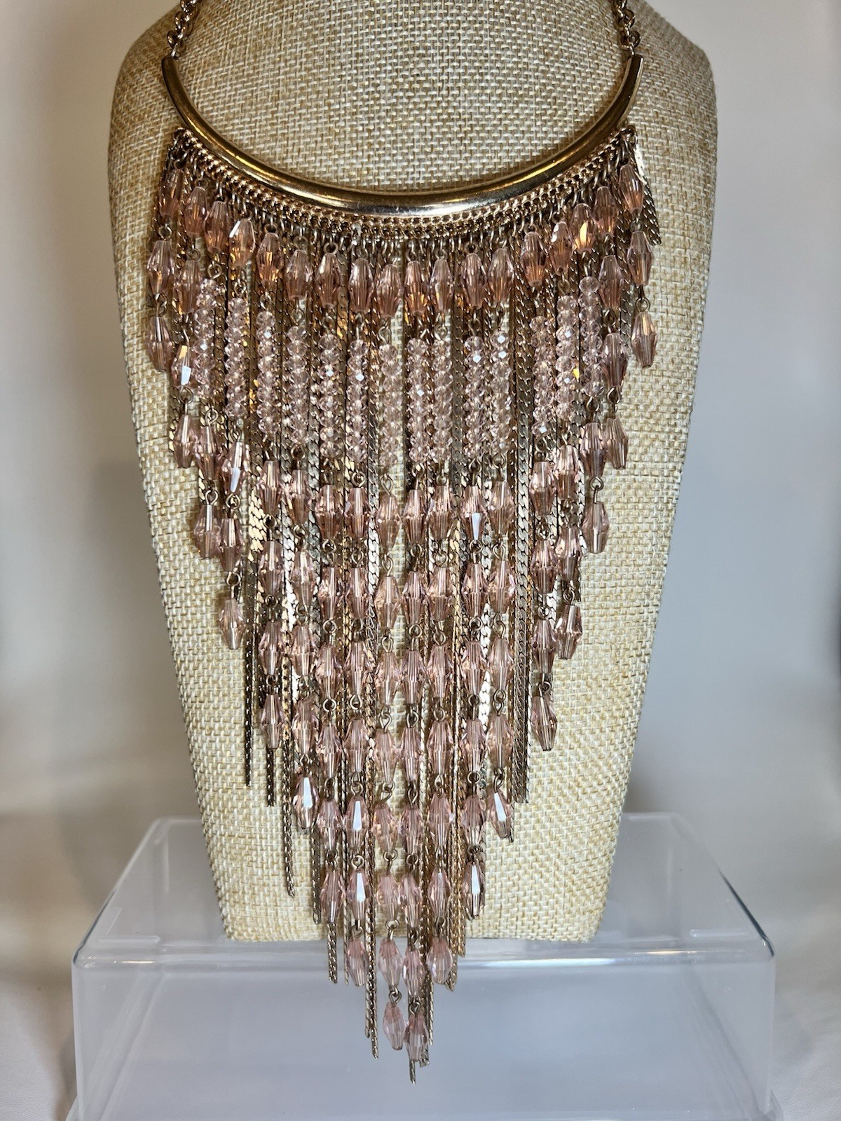 Pink Crystal Teardrop Fringe Statement Bib Necklace Silver Tone Adjustable 28″