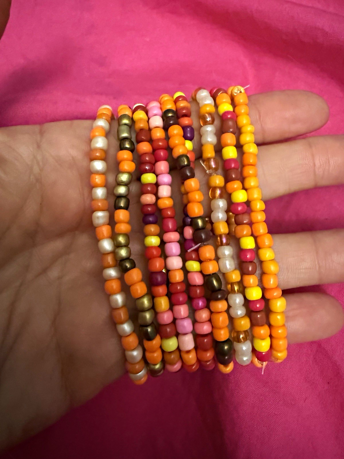 Multicolor Orange Pink Yellow White Brown Plastic Beaded Stackable Stretch Set
