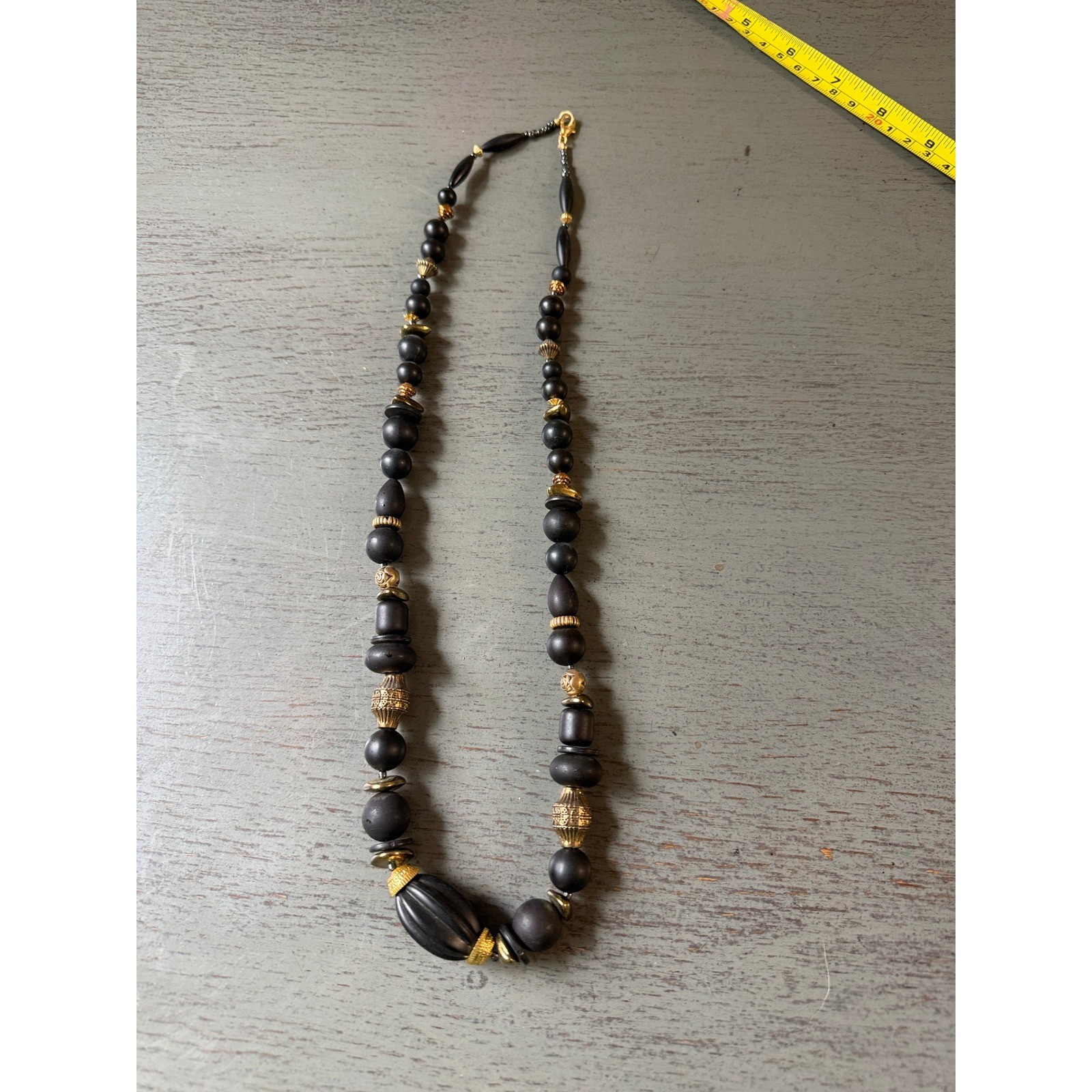 Vintage Matte Black and Gold Beaded Statement Necklace 30 Inch Long Boho Style