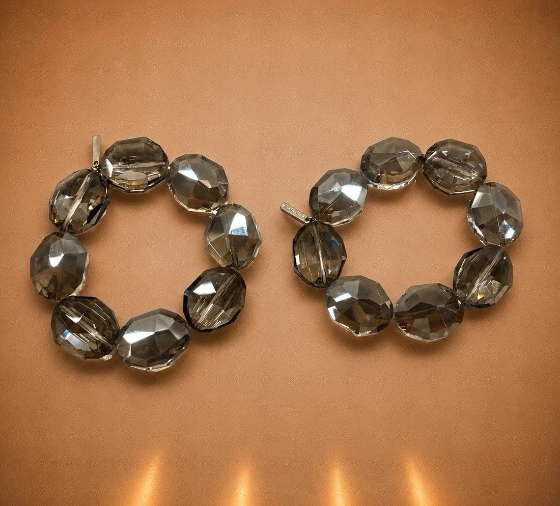 NEW Set of 2 Smoky Gray Faceted Crystal Bracelets Statement Bangles-gorgeous!