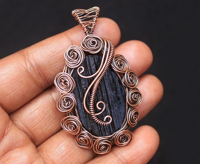 Rose Flower Black Tourmaline Druzy Copper Wire Wrap Pendant Jewelry N302