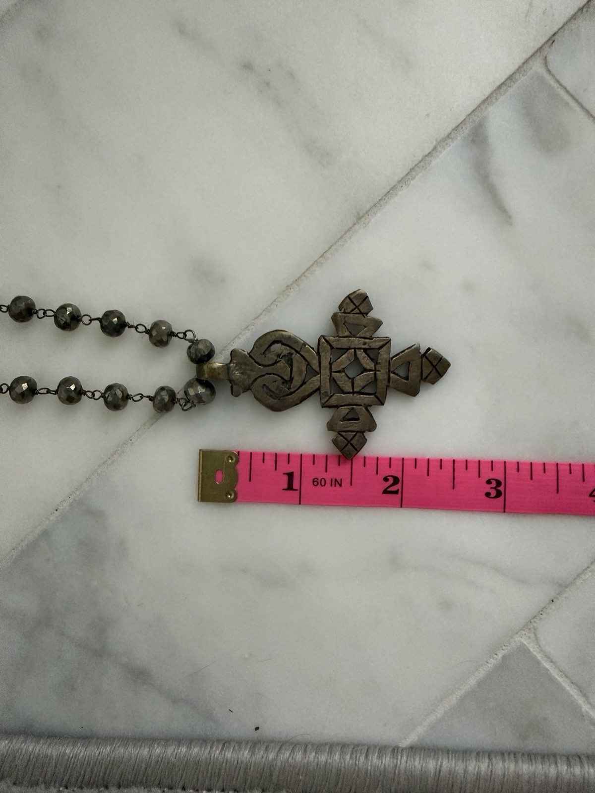 Artisan Gray Faceted Beaded Cross Pendant Necklace 34” Boho Southwestern