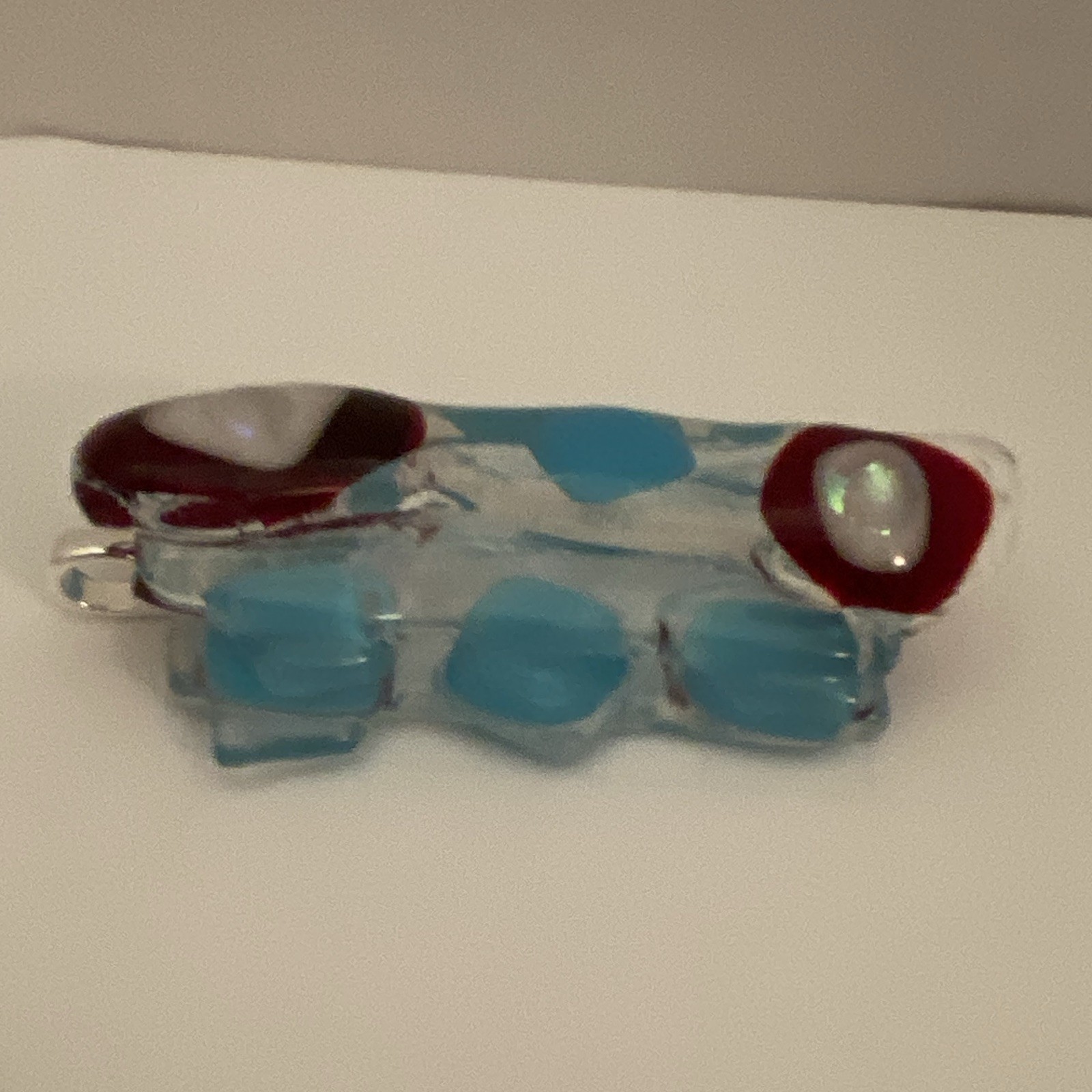 Silver Tone Bail Rectangle Glass Charm Pendant Blue Clear Red White Accents.