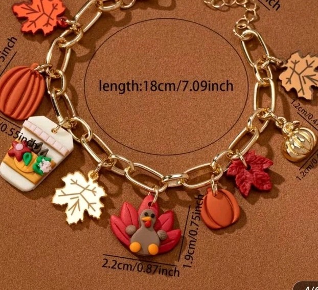 Fall Festival Charm Bracelet. Clay,acrylic, Metal Charms. Adjustable Goldtone.